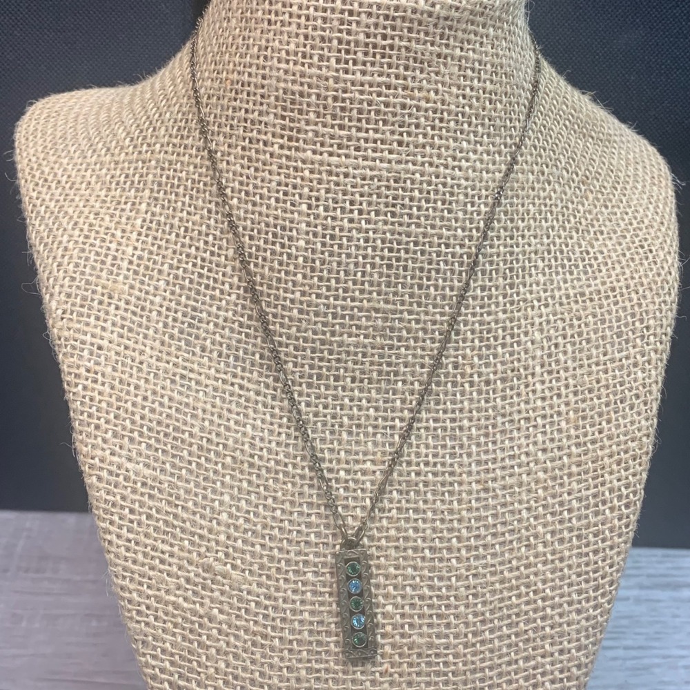 1928 Jewelry Co Vtg Style Brass Bar Necklace Earring Set Green Blue Crystal 5537